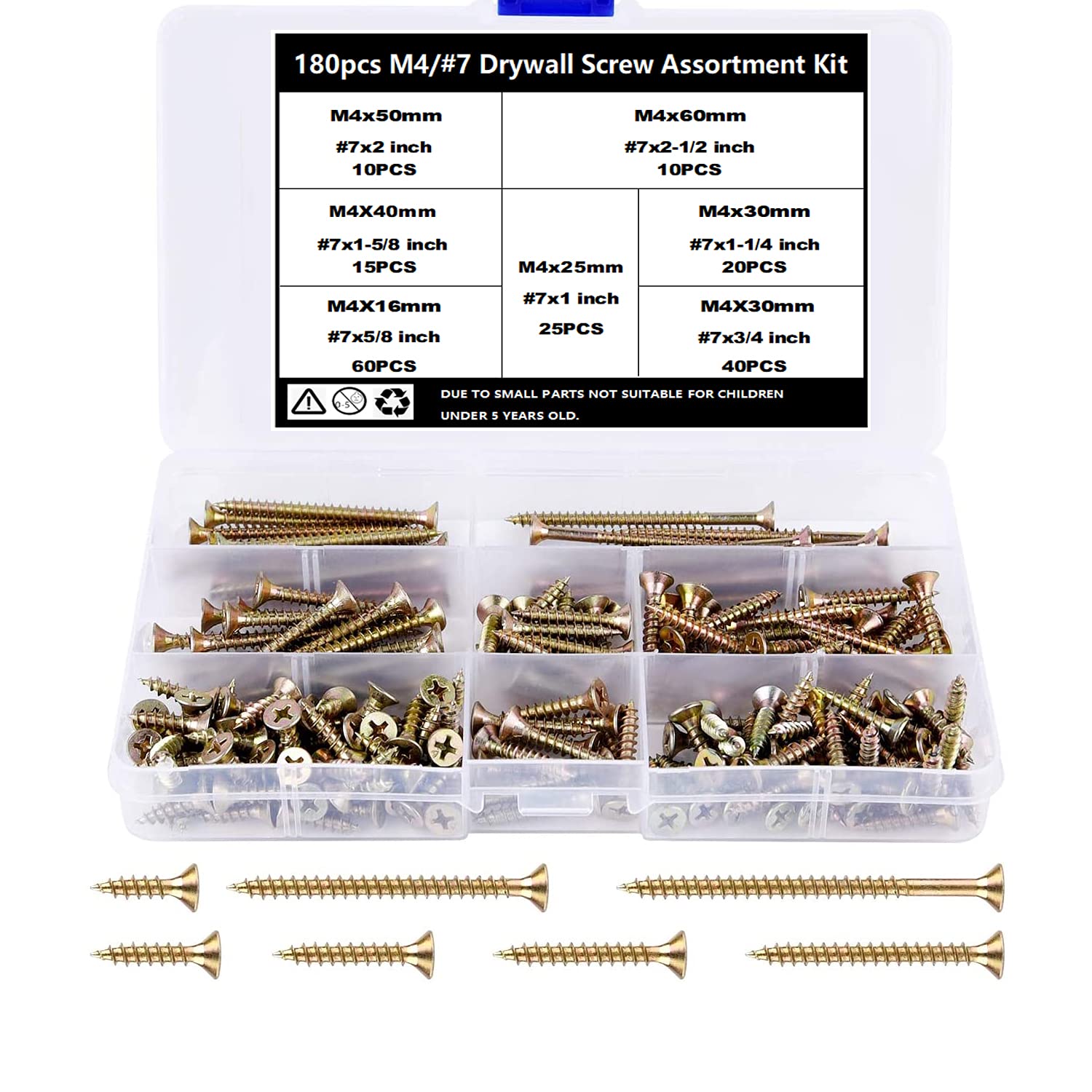 TAIANJI 180 PCS Wood Screw Assortment M4 Screws Phillips Flat Head Tapping Screws Rust Resistant Wood Screws Self Tapping Wood Screws for Drywall, Furniture etc(15mm 20mm 25mm 30mm 40mm 50mm 60mm)