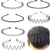 KELUBATU Metal Headband for Men, Non Slip Wave Hair Band, Flex Grip 6 Pcs | Classic Wire metal headbands provides flexible grip and comfortable hair control for men with long hair and daily use