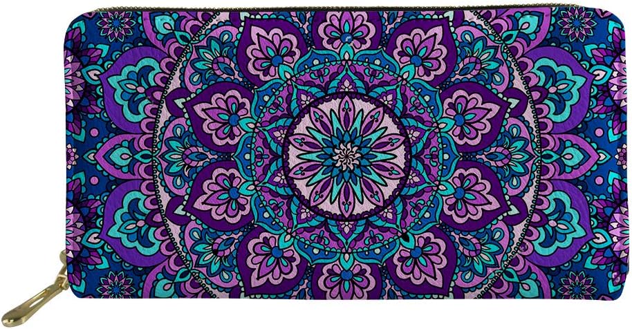 Woisttop Bohemian Leather Women Mandala Lotus Flower Wallet Travel Purse Credit Card Holder Phone Clutch Party Favor Gift for Girls