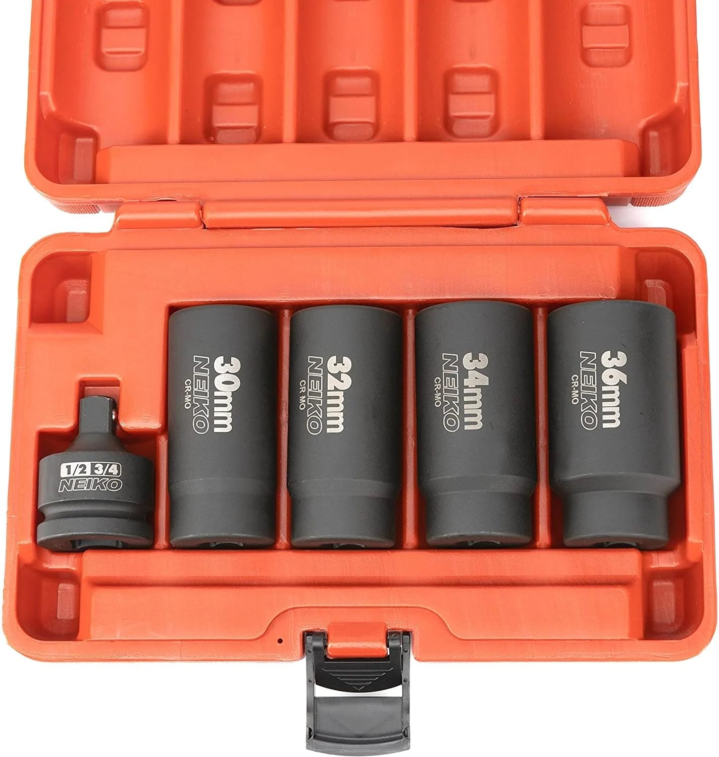 NEIKO 02530A 5 Piece 12 Point Socket Set 1/2” Drive, Lug Nut Remover, Spindle Nut Socket, Axle Nut Socket Set, Metric 30mm - 36mm Socket 1/2 Drive Impact Set, Cr-Mo Impact Adapter, 3/4" -1/2” Reducer