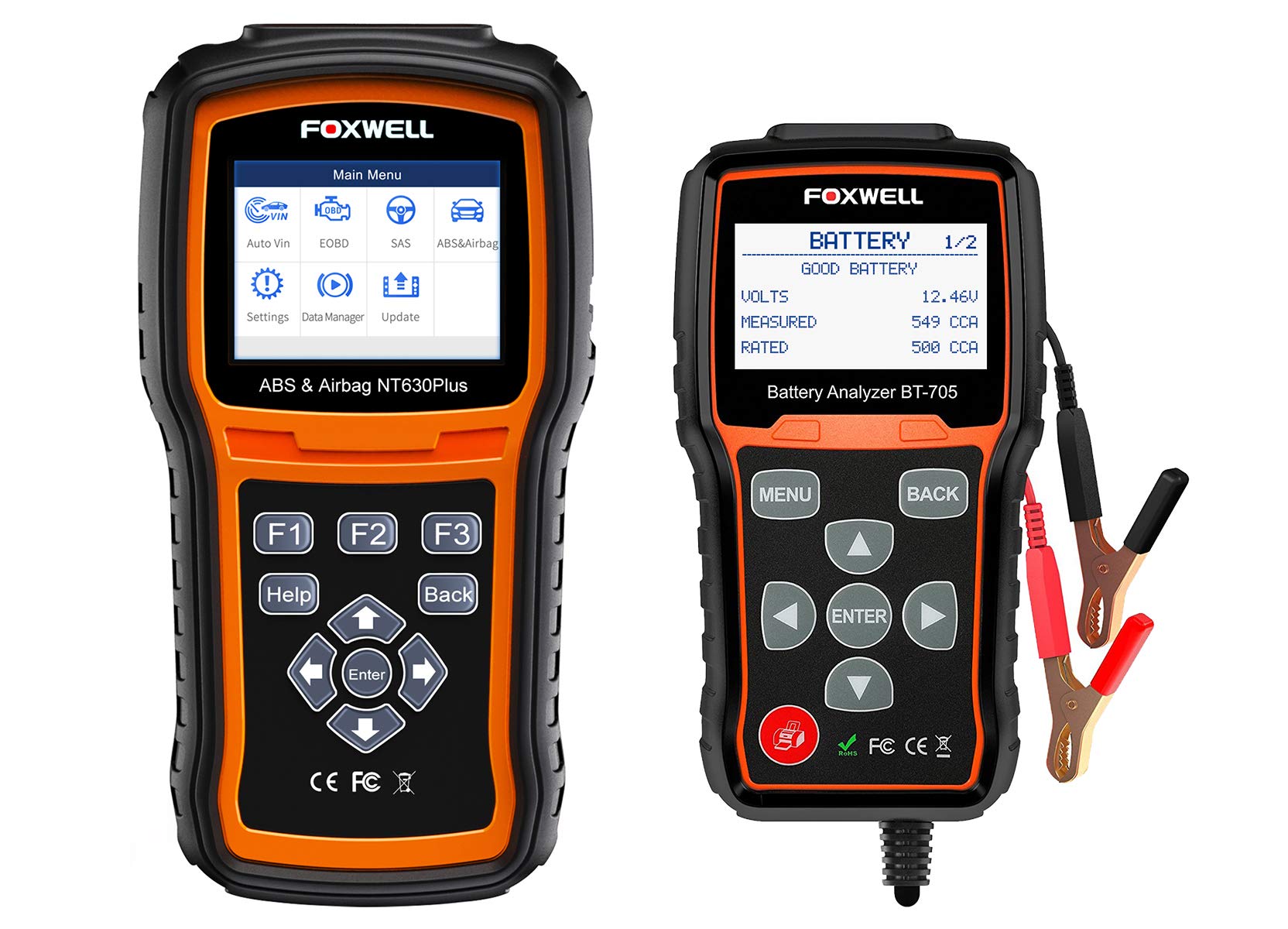 FOXWELL NT630 Plus OBD2 SRS ABS Bleeding Scanner and FOXWELL BT705 12V 24V Auto Battery Tester