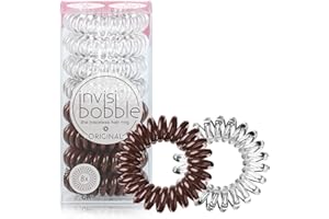 invisibobble Original Traceless Spiral Hair Ties - Pack of 8, Crystal Clear and Pretzel Brown - Strong Elastic Grip Coil Accessories for Women - Non Soaking - Gentle for Girls Teens and Thick Hair