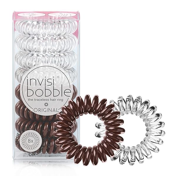 INVISIBOBBLE ORIGINAL TRACELESS SPIRAL HAIR TIES – PACK OF 8, CRYSTAL CLEAR AND PRETZEL BROWN – STRONG ELASTIC GRIP COIL ACCESSORIES FOR WOMEN – NON SOAKING – GENTLE FOR GIRLS TEENS AND THICK HAIR
