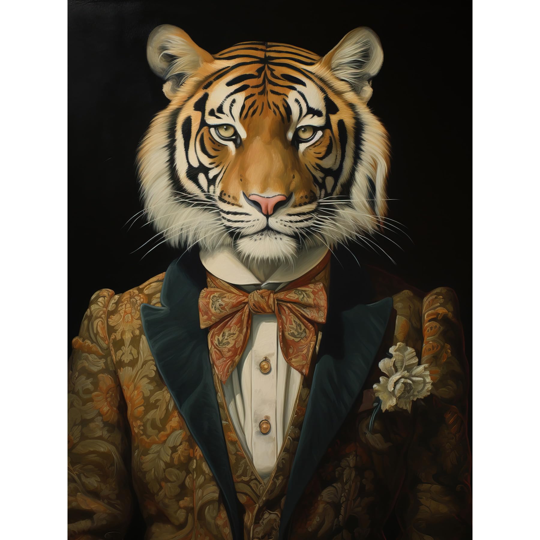 Artery8 Victorian Tiger in William Morris Style Pattern Dinner Jacket Conceptual Portrait Artwork Elegant Floral Pattern Bow Tie and Boutonnière Extra Large XL Wall Art Poster Print