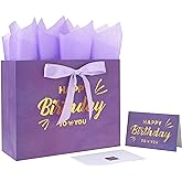 Qirrmiy 13"" Large Purple Painting Gift Bag Set with Greeting Card and Lavender Tissue Papers (Gold Foil Happy Birthday) for Women's Birthday Party, Girls' Birthday Parties, Baby Shower, Baby Girl -