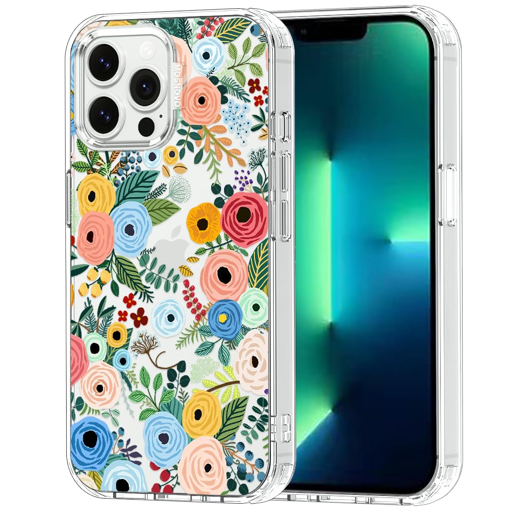 MOSNOVO Case for iPhone 13 Pro Max, [Buffertech 6.6ft Military-Grade Drop Protection] [Anti Peel Off Tech] Clear TPU Bumper Phone Case Cover Design - Pastel Floral Garden — image 1