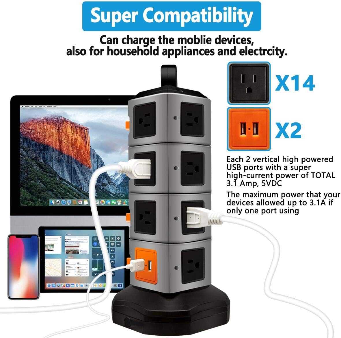 Power Strip Tower, Lovin Product Surge Protector Electric Charging Station, 14 Outlet Plugs with 4 USB Slot 6 feet Cord Wire Extension Universal Charging Station (1-PACK) - - 