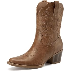 Athlefit Women's Square Toe Chunky Heel Cowboy Cowgirl Boots | Slip-On Embroidered Western Short Booties with Soft Cushioned