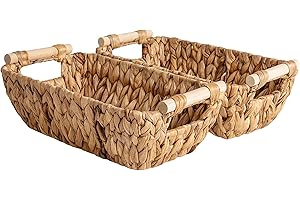 StorageWorks Hand-Woven Small Wicker Baskets, Water Hyacinth Storage Basket with Wooden Handles, 2-Pack