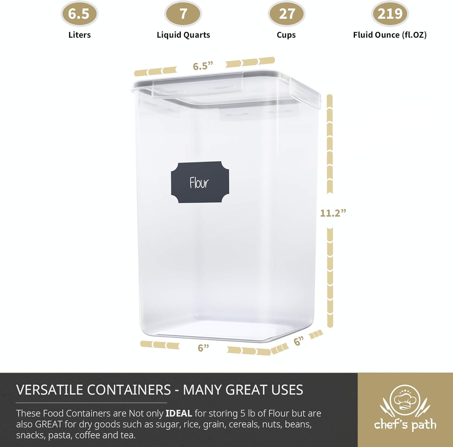 Extra Large Tall Food Storage Containers 7 qt/ 220oz/ 6.5L, For Flour, Sugar - Airtight Kitchen & Pantry Bulk Food Storage, BPA-Free - 2 PC Set - Measuring Scoops, Pen & 8 Labels - Chef’s Path: Kitchen & Dining