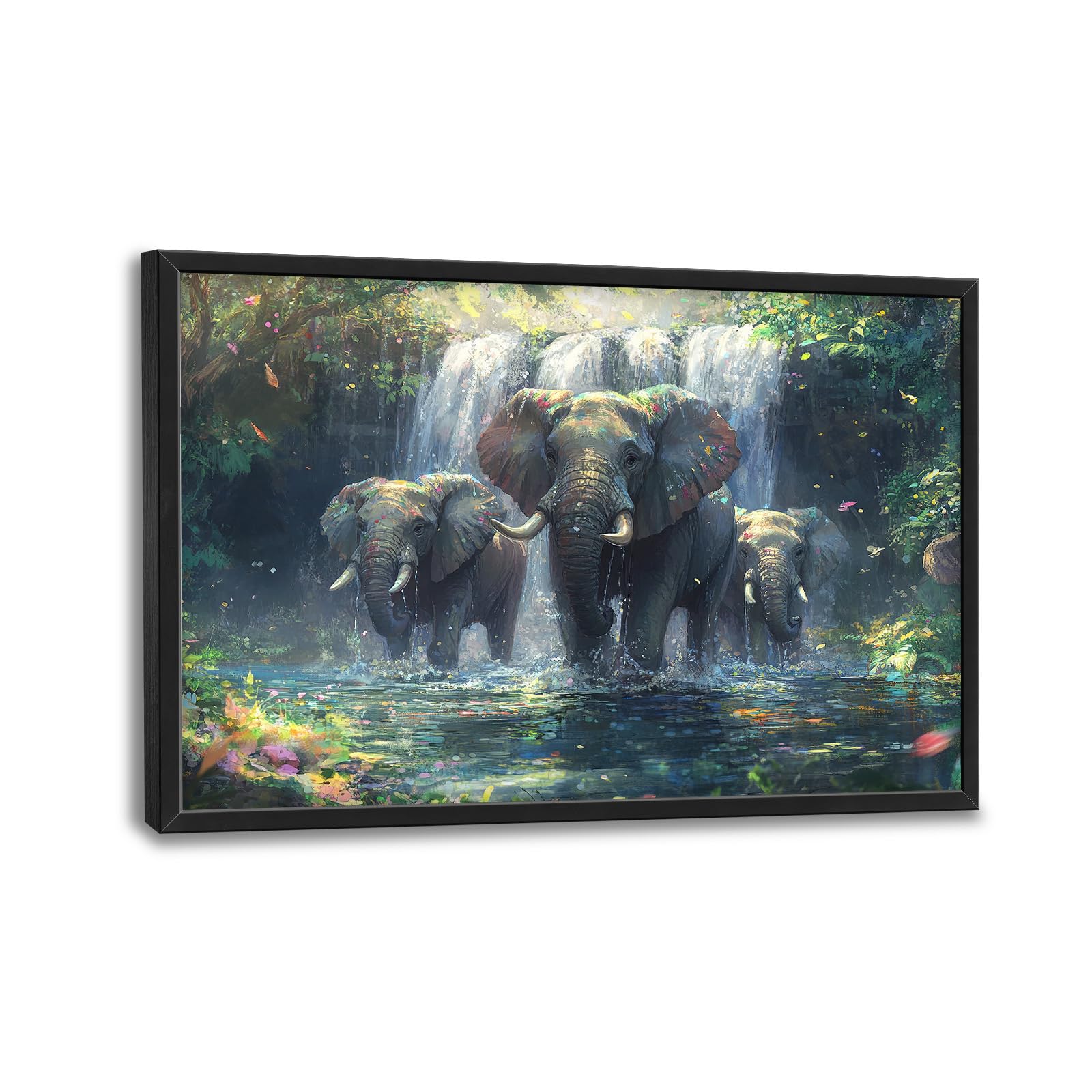 Photo 1 of Large Elephant Wall Art for Living Room, Framed Oversized Forest Waterfall Wall Decor, Nature Landscape Canvas Painting Wildlife Artwork for Living Room Dining Room Bathroom Bedroom Office 36"x24"