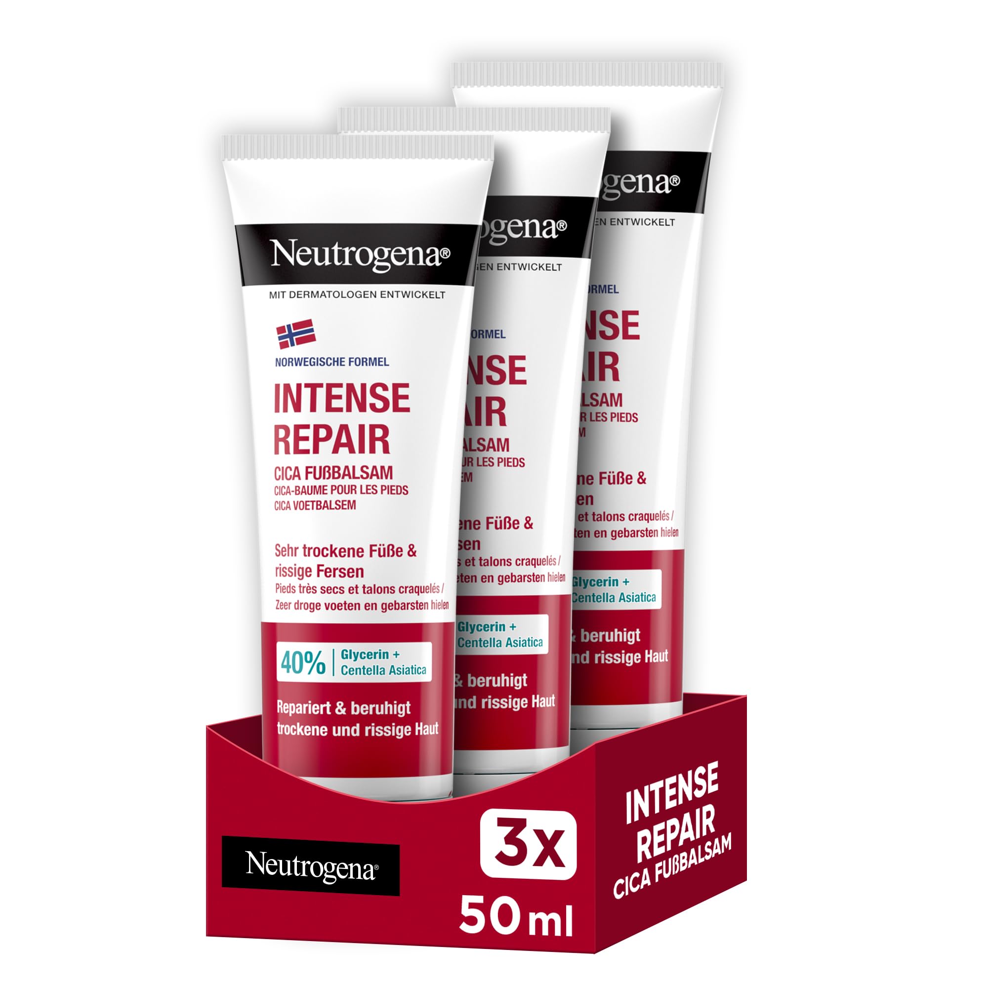 Neutrogena Norwegian Formula Intense Repair CICA Foot Balm (50 ml) with 40% Glycerine + Centella Asiatica for Very Dry Feet & Cracked Heel, 3 x 50 ml