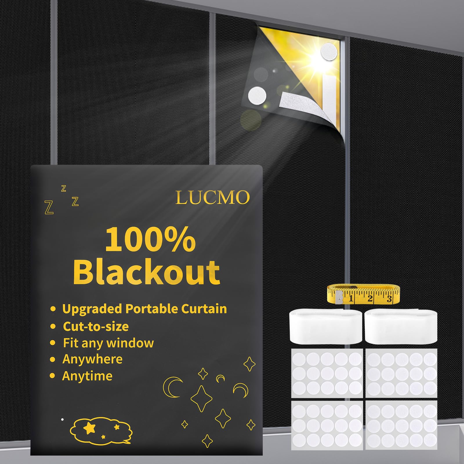 LUCMO Blackout Blinds 200 x 145 CM, 100% Blackout Blind Curtain for Window, No Drill Portable Blackout Shades Film for Bedroom, Cut to Any Size, Nursery Black Out Blinds for Baby Travel Temporary