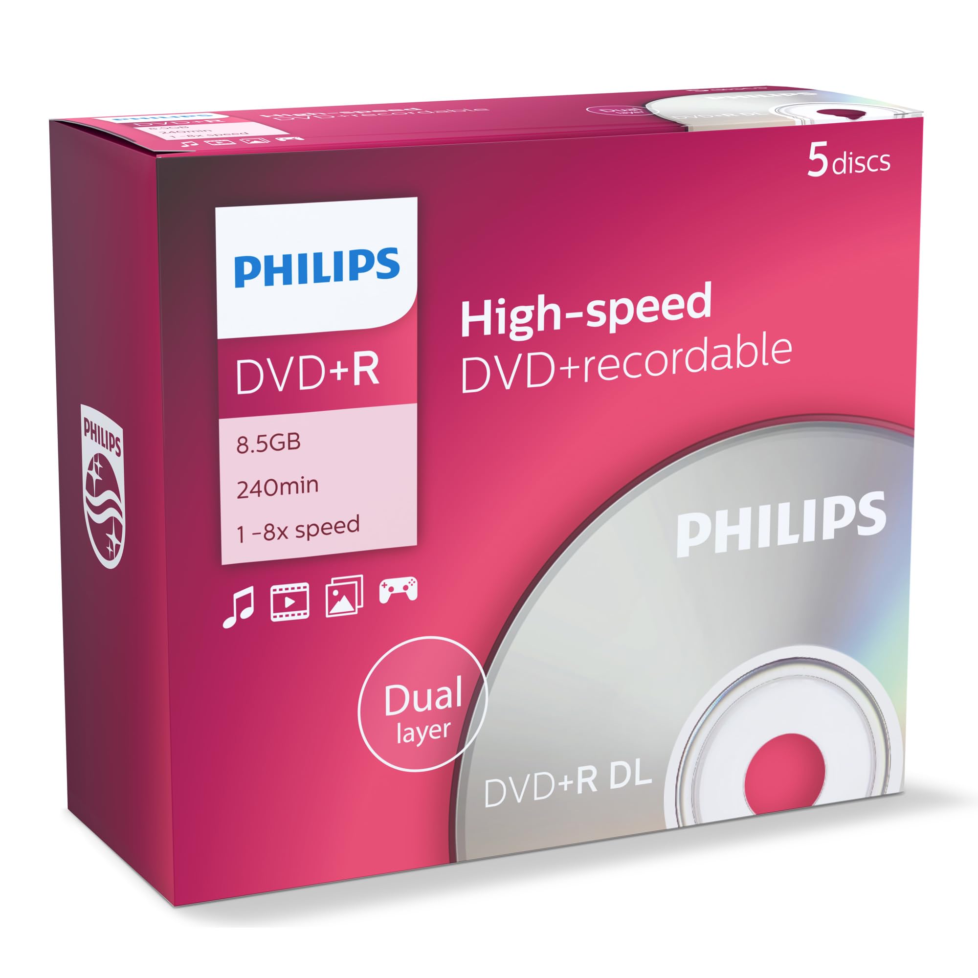 Philips DVD+R DR8S8J05C - DVD+R DL 8.5 GB, 240 min, speed 8x(Packaging may vary)