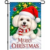 Cute White Dog Merry Christmas Garden Flag 12x18 Inch Double Sided Santa Hat White Puppy Garden Flag Fluffy Maltese Chri stmas Yard Flag for Porch or Lawn Holiday Dog Lover Decoration for Outdoors