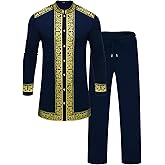 ZSJR Mens African 2 Piece Set Nigerian Dashiki Metallic Traditional Suit Gold Stamp Printed Shirt and Pants Outfit