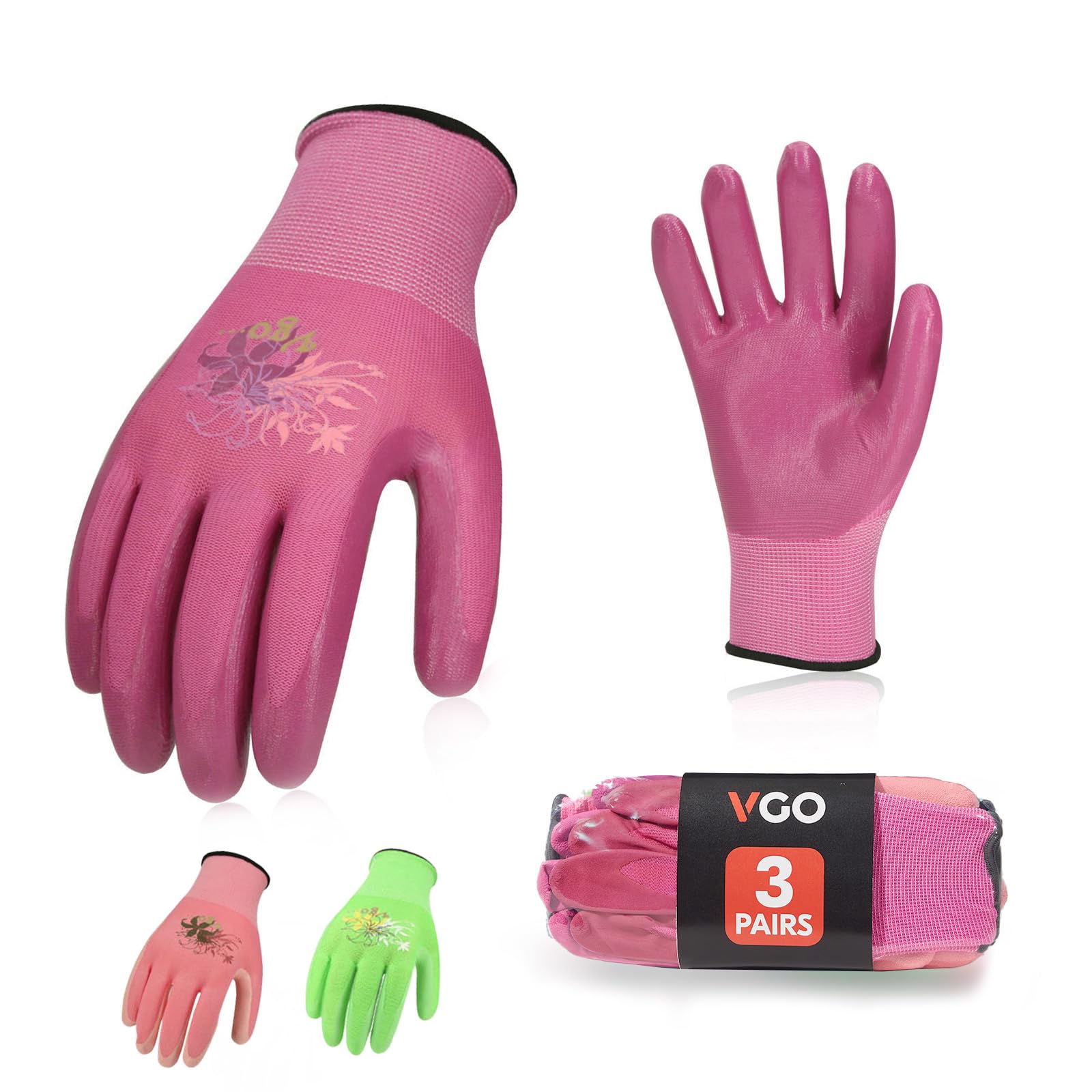 Vgo... 3Pairs Gardening Gloves Ladies,Safety Working Gloves,Non-Slip Nitrile coating,Dipping Gloves(NT2110)