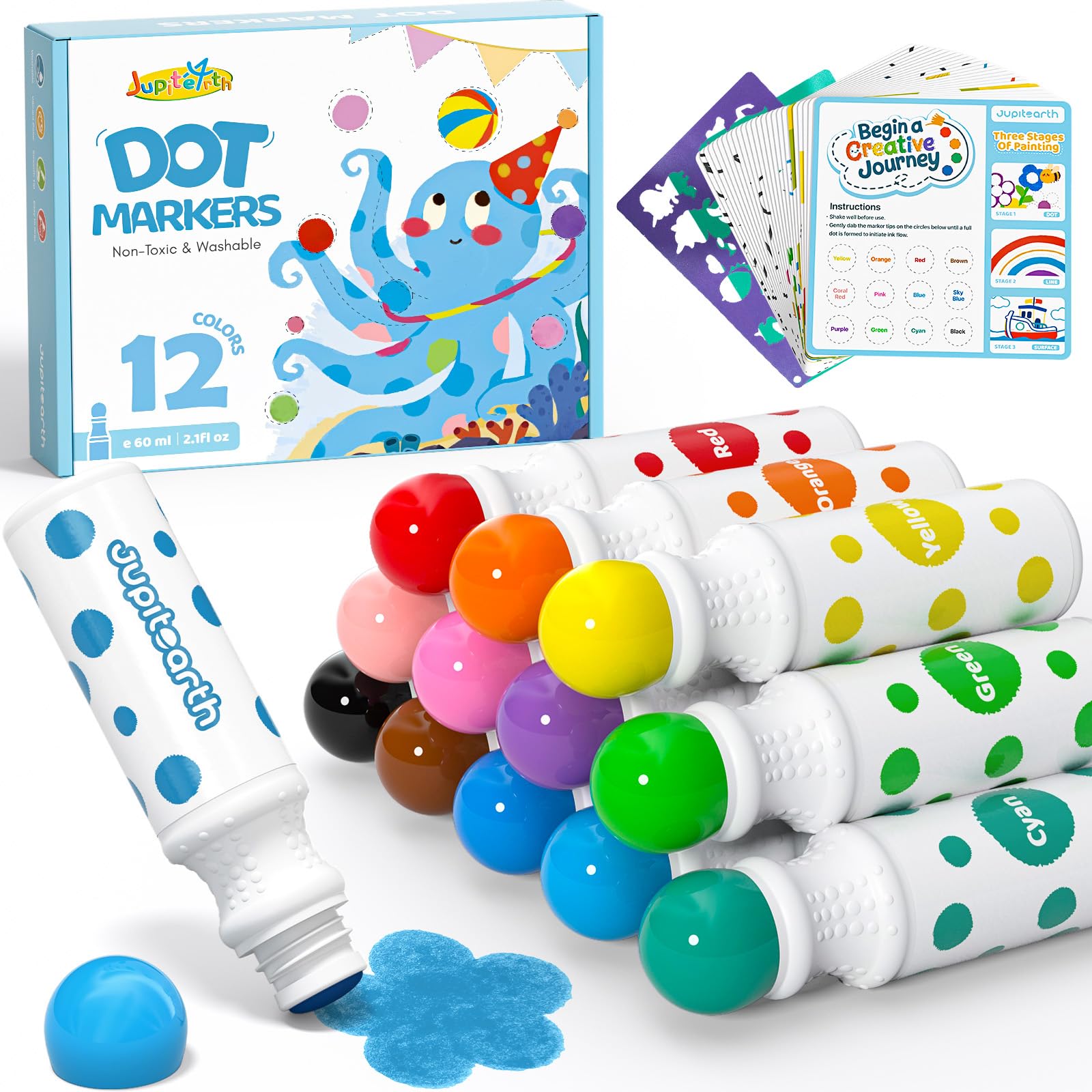 JUPITEARTH 38 PCS Dot Markers for Toddlers, 12 Colors Washable Bingo Daubers with 120 PDF & 24 Printed Activity Papers 2 Stencils, Non-Toxic Dot Paint for Toddler 1-3, Markers for Kid Arts and Crafts — image 1