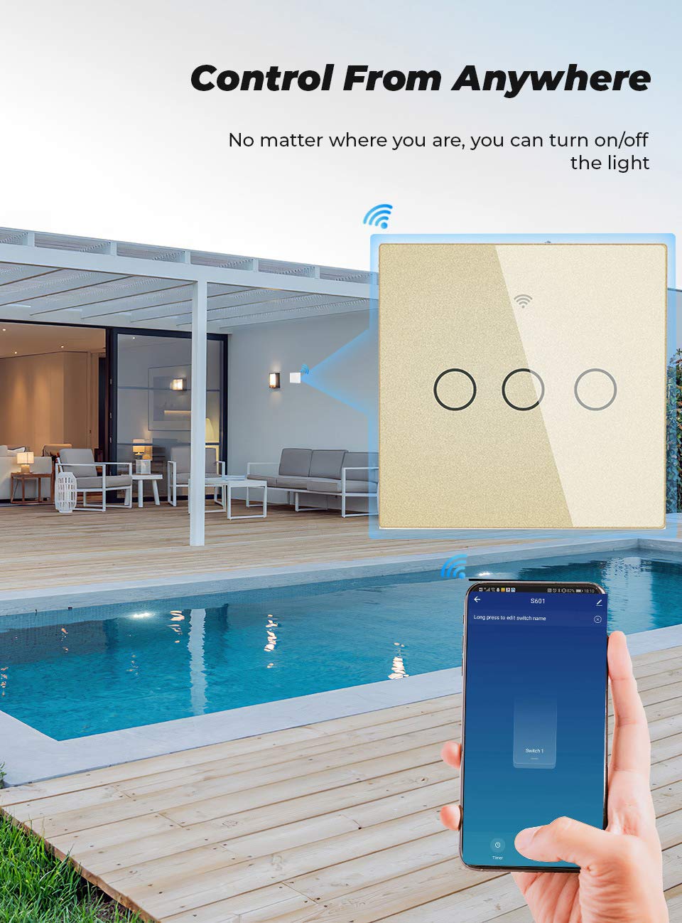 4PCS WiFi Interruptor de Luz Conmutador Tctil WiFi Compatible con Alexa y Google Home Control de APP y Funcin de Temporizador No Se necesita Neutro 1 Way 2 Gang Oro