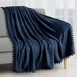 PAVILIA Navy Blue Throw Blanket Pom Pom for