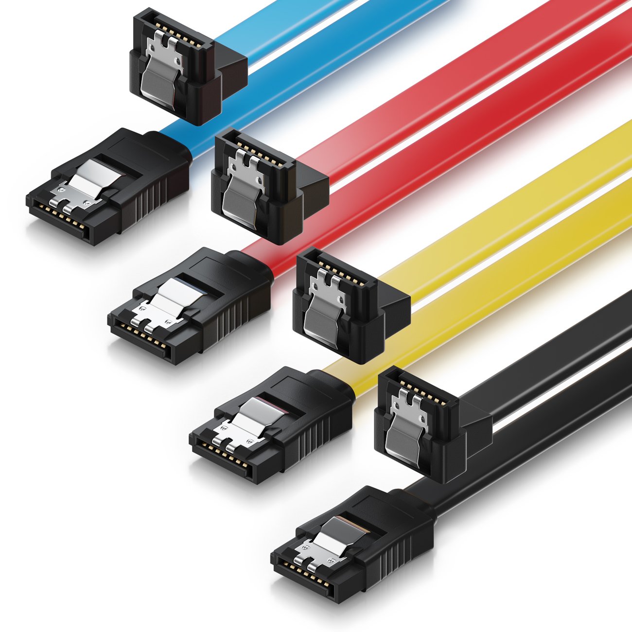deleyCON 4x 50cm (19.69 Inch) S-ATA 3 Cable SATA 3 HDD SSD Data Cable 6 GBit/s 1x Straight to 90° Yellow Red Blue Black