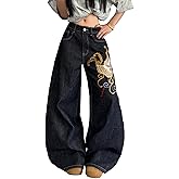 OYICAI Women's Baggy Jeans Embroidered Wide Leg Jeans Y2k Hip Hop Loose Fit Denim Pants Skater
