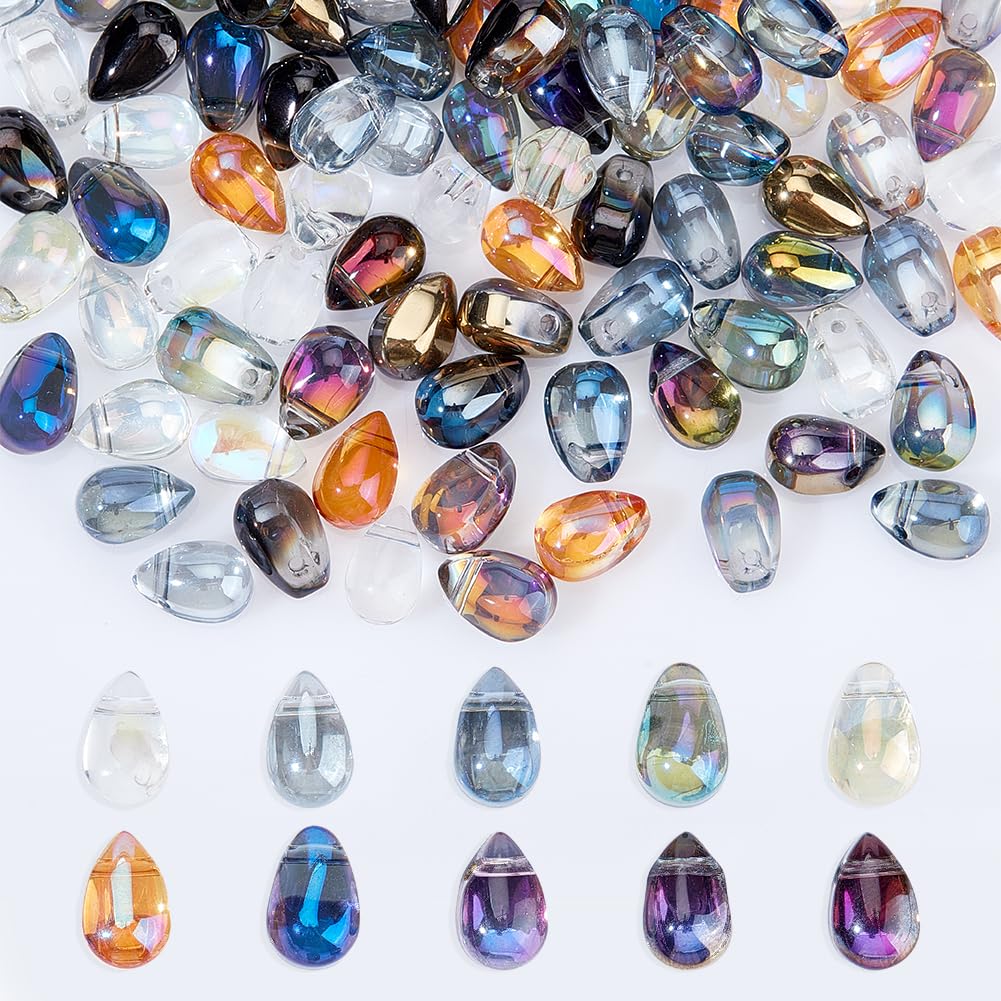 AHANDMAKER 120 Pcs Teardrops Glass Pendants, Top Drilled Teardrop Beads, 10 Colors Waterdrop Charms for DIY Necklace Bracelet Earrings Jewelry Making (0.33x0.20x0.22inch)