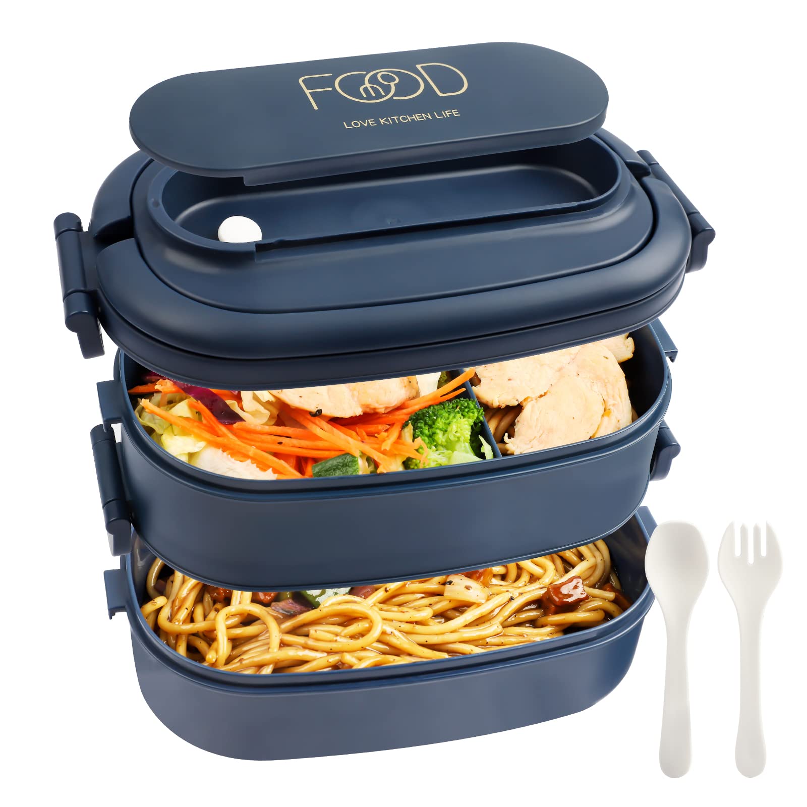 OITUGG 2 Layer Lunch Box, 1550ml Lunch Box for Adults, 3 Compartments Bento Lunchbox with Spoons and Forks, BPA-Free, Microwave Safe, 54.55 Capacity, Size 19.2x11.5x12cm, Blue