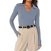 Meetrendi Womens Long Sleeve Shirts Slim Fitted Business Casual Work Tops Collared V Neck Polo Shirt 2025 Fall Outfits