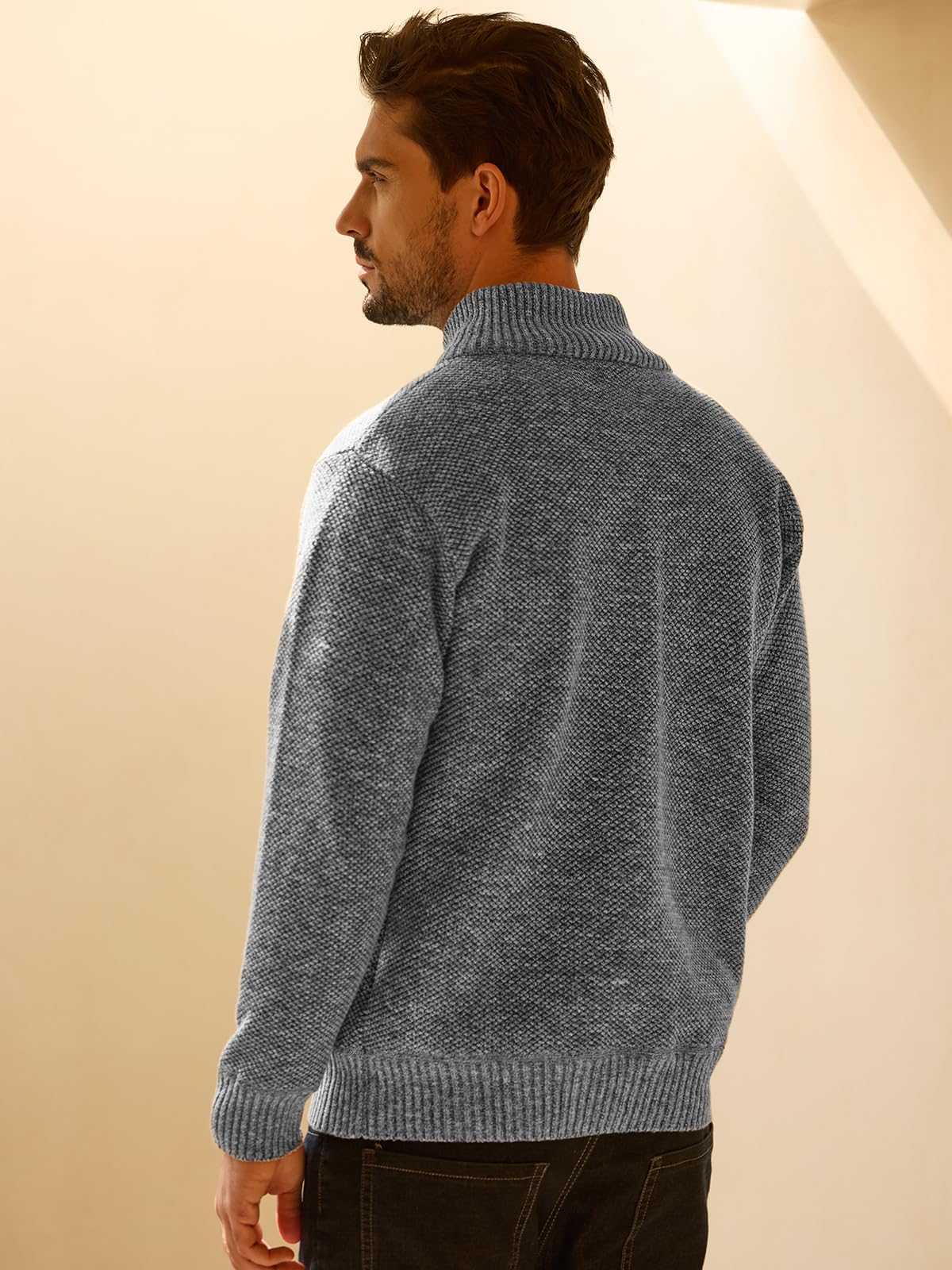 Les umes Herren Viertelreißverschluss Strickpullover Fleecegefütterter Strick Stehkragen Pullover Warm Lichtgrau XL 4