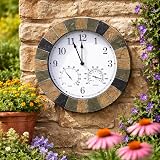 HomeZone Westminster 14" Garden Clock & Thermometer, Waterproof Slate view 8