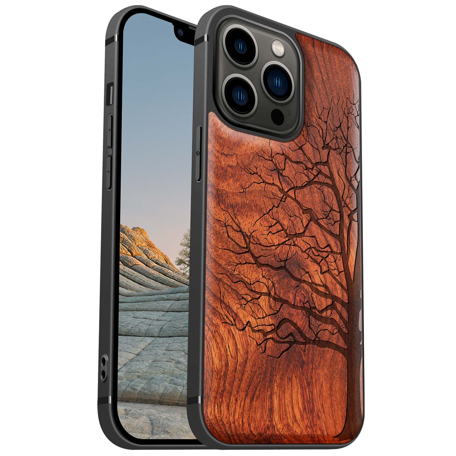 Carveit Mag netic Wood Case for iPhone 13 Pro Case [Hard Real Wood & Soft TPU] Shockproof Hybrid Protective Cover Unique & Classy Wooden Case Compatible with MagSafe (Eternal Tree-Rosewood)