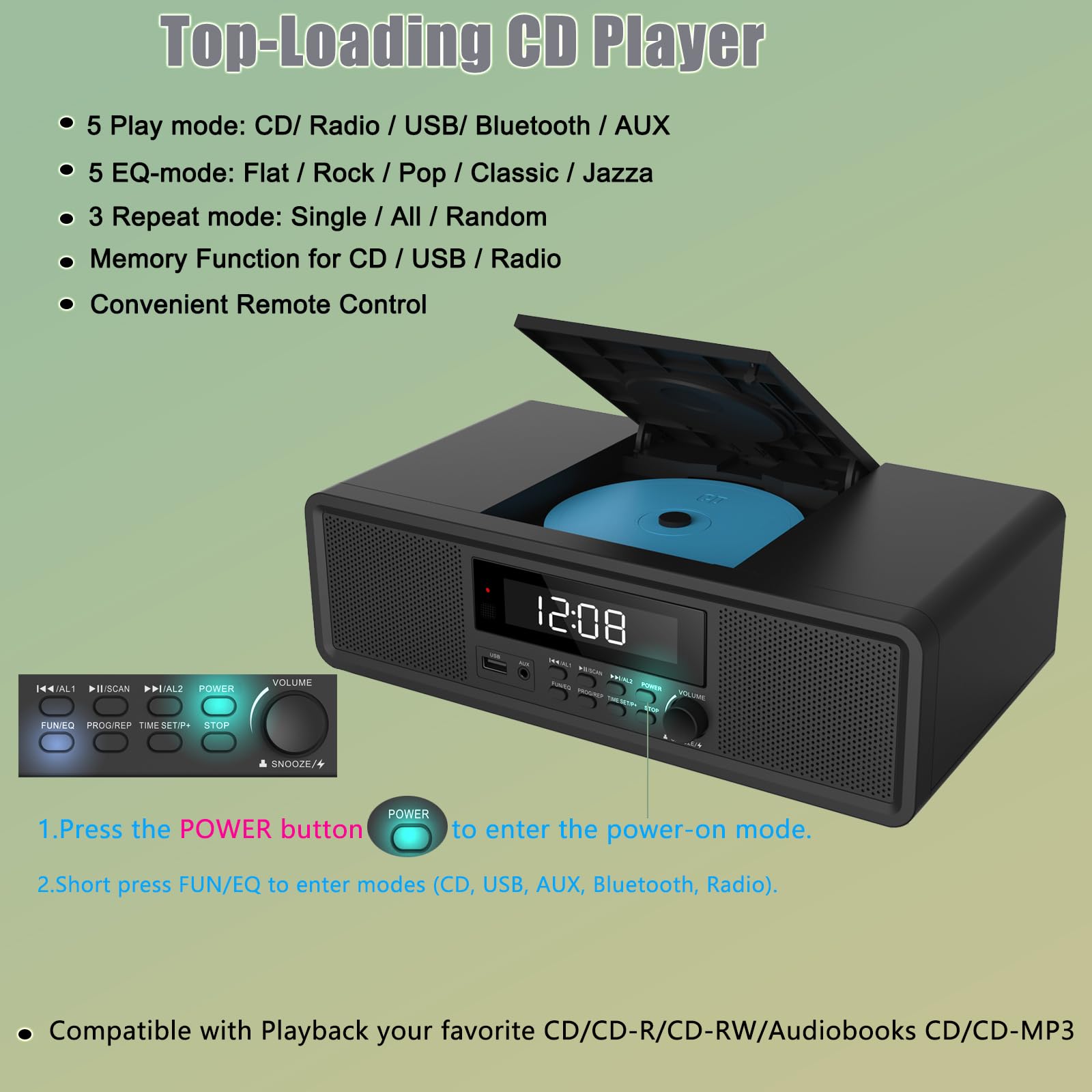 Compact Stereo System with CD Player, Bluetooth, Dual Alarms Clock, FM Radio, 20W RMS Clear Sound, USB/AUX Input, Snooze & Sleep Timer, Remote Control - for Home and Bedroom