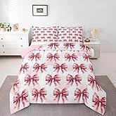 Castle Fairy Teens Cartoon Bowknot Comforter Set Queen Size,Pink Stripe Bow Bedding Set for Kids Boys Girls Bedroom Decoration,Candy Bows Bed Duvet Insert,Wave Point Comforter with 2 Pillowcases