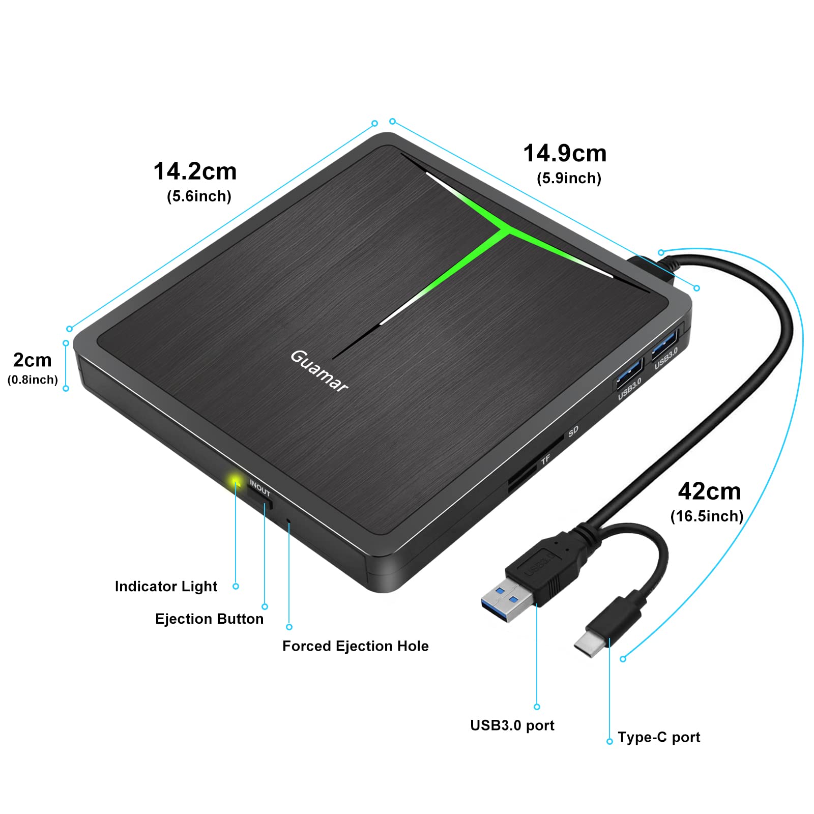 Guamar External CD DVD Drive, USB 3.0 Type-C CD/DVD ROM +/-RW Player Burner Reader Writer with SD/TF Slot & 2 USB/Carrying Case, Portable Optical Disc Drive for Laptop PC Desktop Windows Mac Linux