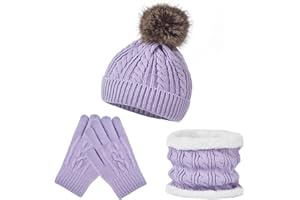 FENELY Kids Winter Hat Scarf Gloves Set - Thermal Fleece Lined Beanie with Pompoms, Soft Mittens & Neck Warmer for Boys Girls 1-12