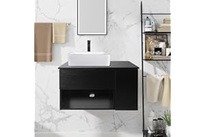 Puluomis 28-Inch Bathroom Vanity, Modern Black Wall Mounted Bathroom Vanity with 1-Door and 1-Drawer, Modern Floating Bathroom Cabinet with Bathroom Square White Ceramic Vessel Sink Top