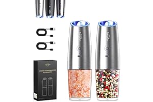 Sangcon Gravity Electric Salt and Pepper Grinder Set RECHARGEABLE Automatic Salt Pepper Shakers USB-C No Battery Needed - LED Light One Hand Operation, Adjustable Coarseness Pepper Mill Set