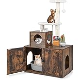 Tangkula Litter Box Enclosure with Cat Tree Tower, 2-in-1 Hidden Cat Washroom with Cat Condo, Plush Perch, Scratching Posts, 