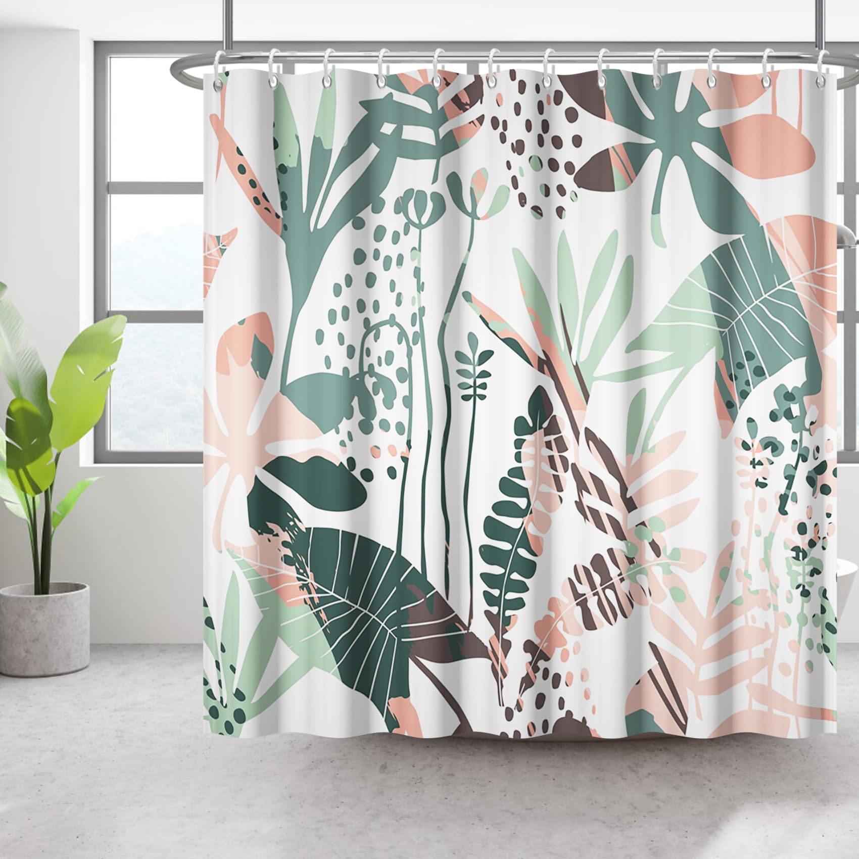 Bovlleetd 71x79inch Abstract Plant Shower Curtain Watercolor Tropical Botanical Bathroom Curtain Bohemian Bathroom Decorative Curtain Waterproof Bath Art Curtain with Hook — image 1