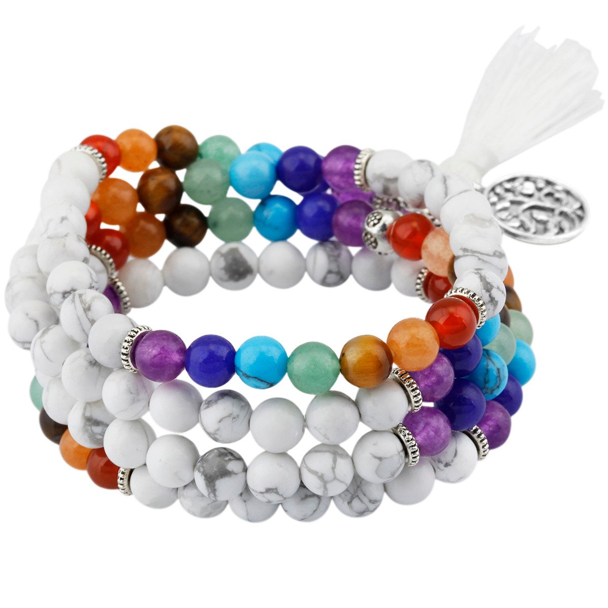 KYEYGWO 108 Prayer Mala Beads Wrap Wrist Bracelet for Women & Men, Tibetan Buddhist Meditation Stone Necklace for Unisex Elastic, White Howlite Turquoise