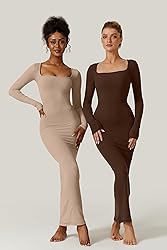 QINSEN Womens Soft Lounge Long Sleeve Dress Ribbed