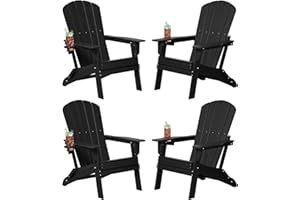 Plawdlik Folding Adirondack Chair Set of 4, Cup Holder，Wooden Textured ，Heavy All-Weather HDPE Comfortable Set Poolside Backyard Lawn Black