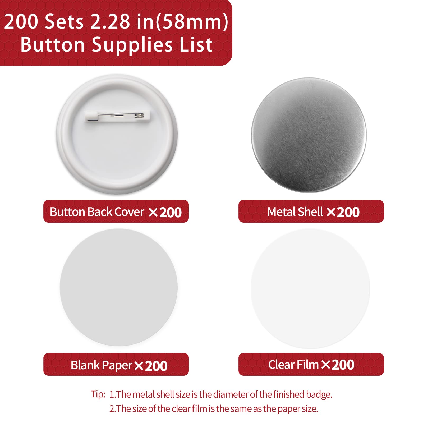 Onemorello 200 Sets Button Maker Supplies, 2.28 inch / 58mm Button Parts Buttons Supplies, Approx. 2.25 in Blank Badge Parts with Blank Paper for Buttons Maker Machine Pin Maker Press