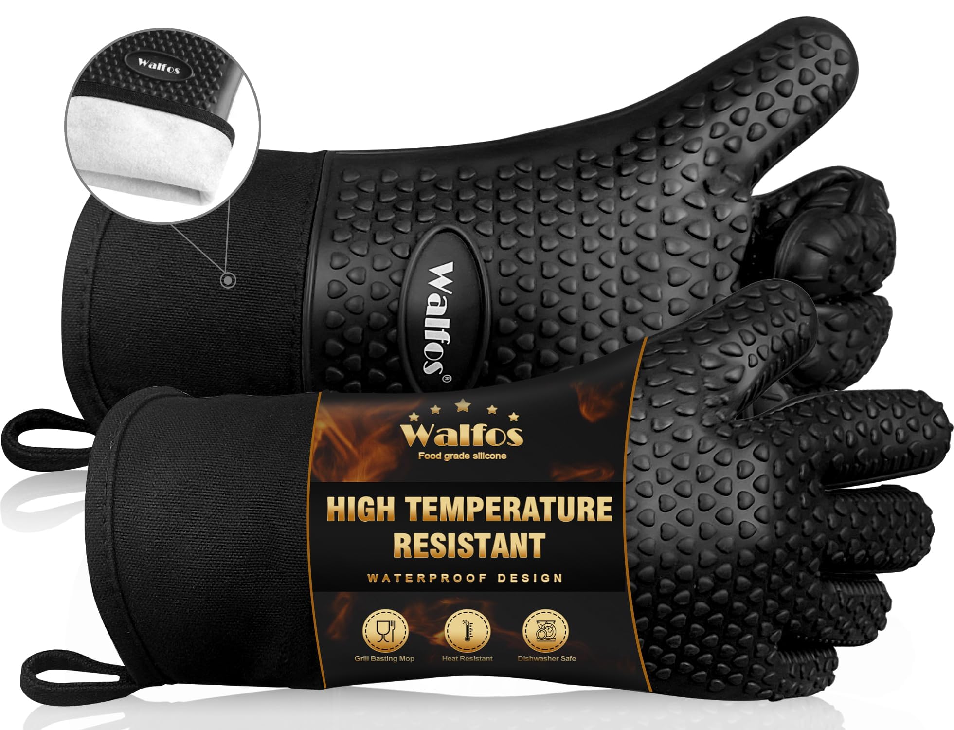 Walfos Oven Gloves, Silicone Oven Gloves with Fingers Heat Resistant up to 500°F, Non-Slip & Waterproof BBQ accessories for Barbecue Grilling Weber Pizza Microwave, Black