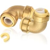 2PC HeSun 1" x 1" Push-fit 90 Degree Elbow(PF050-2) | Brass Push-to-Connect Plumbing Fittings for PEX, Copper, CPVC, PE-RT Pipes, with Disconnect Clip