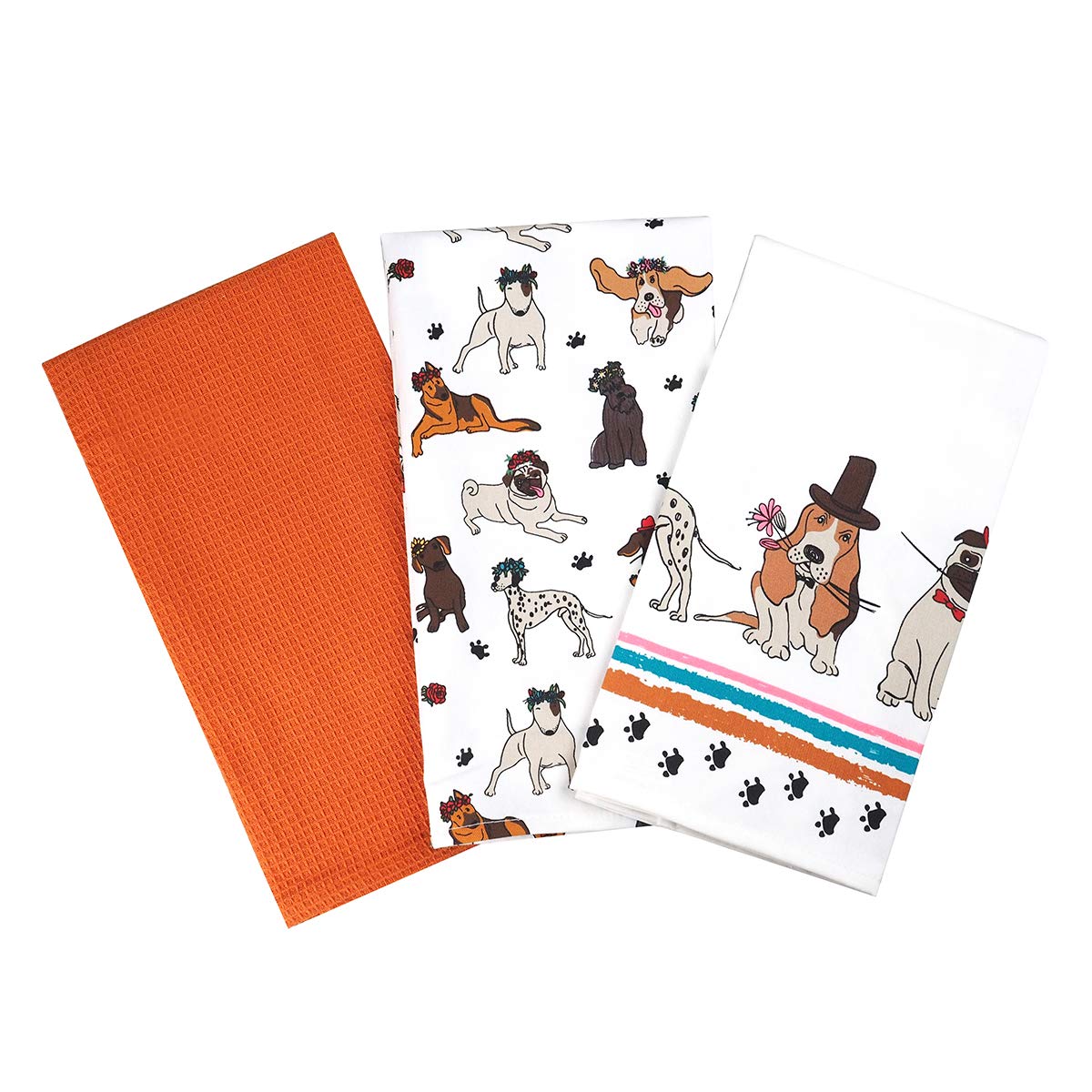 SiXsigma Sports Pack of 3 Tea Towels For Kitchen - Premium Cotton Decorative Kitchen Towel Linen for Cooking, BBQ, Baking & Dish Drying - Ideal For Women & Men (Romantic Dogs)