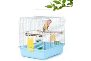 COKUUCO Small Bird Cage, Lightweight for Parakeets, Hanging for Parrot, Travel for Cockatiel, Outdoor Budgie, Pet Products Flat Top Economy Small Animal Cage with Stand Accessories with White Wire, Blue