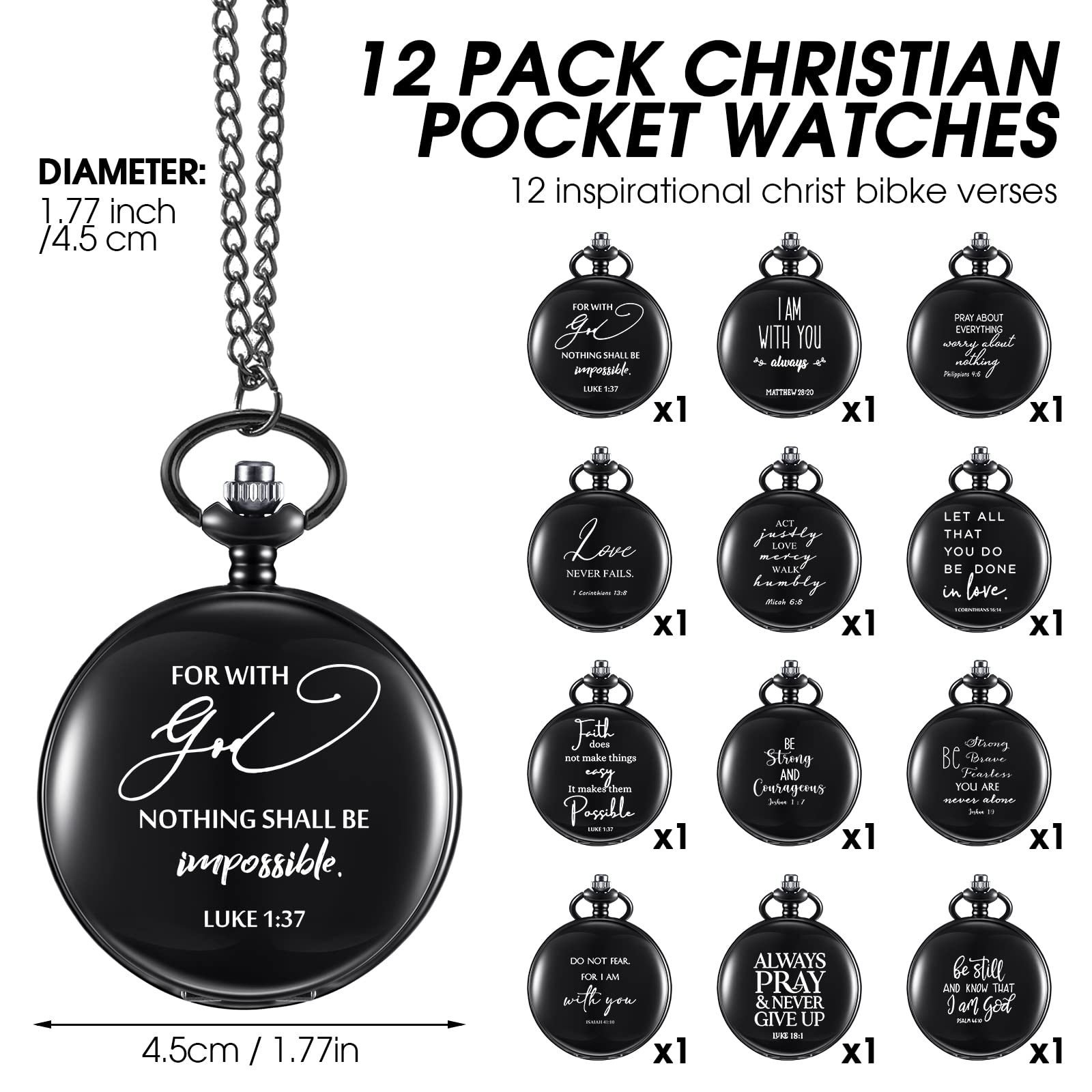 Yinkin 12 Pack Bible Verse Pocket Watch with Chain Father's Day Gift Christian Inspirational Gifts Bulk Religious Quotes Pocket Watches for Men Women Male Coworker Teacher Staff Volunteer Office Team