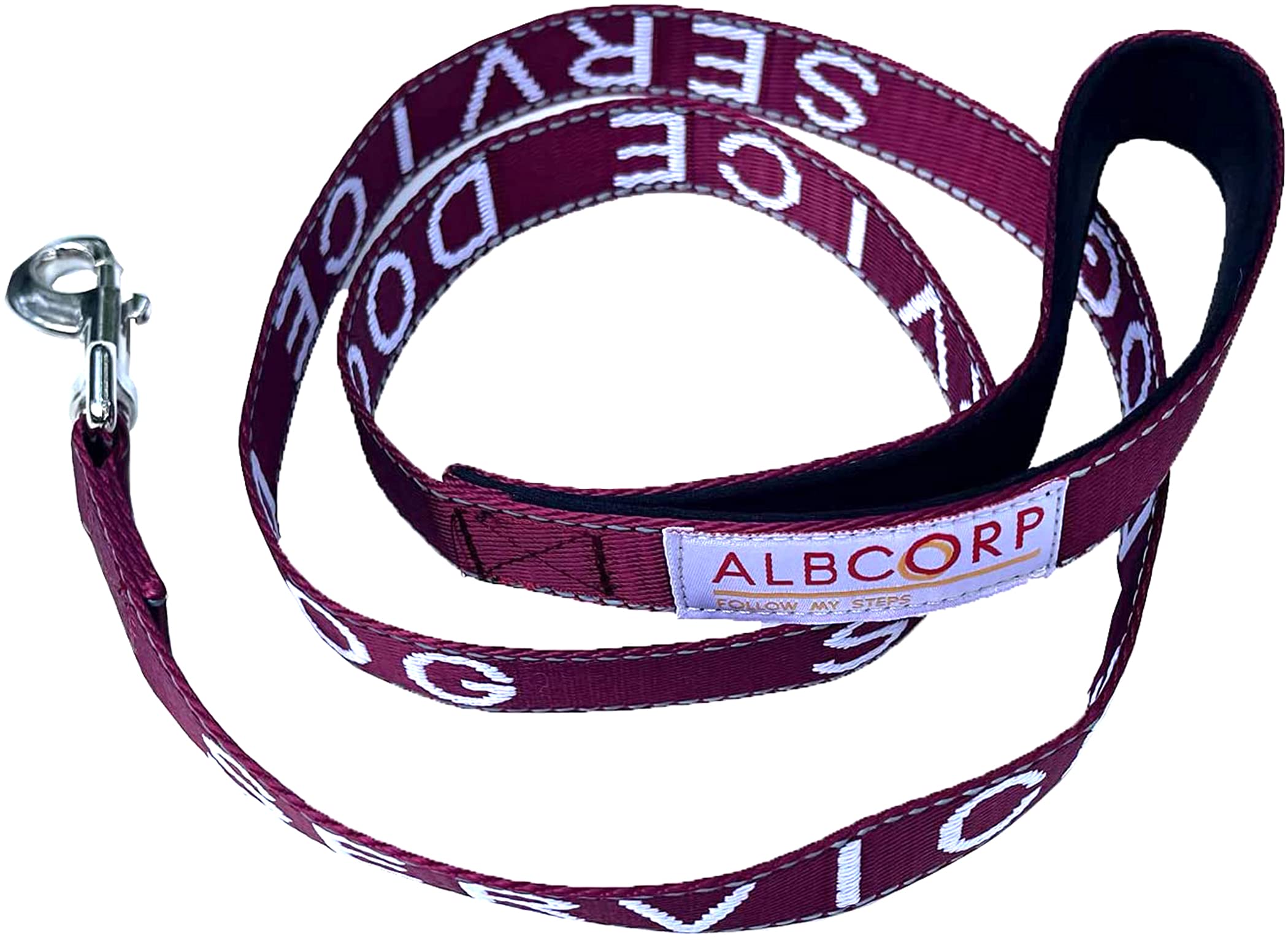 ALBCORP Service Dog Leash with Padded Neoprene Handle and Reflective Silk-Screen Print 4 Foot for Harnesses Vests or Collars Red/Black/Blue/Maroon